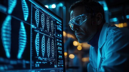 Scientist Analyzing DNA Sequences in Laboratory Setting