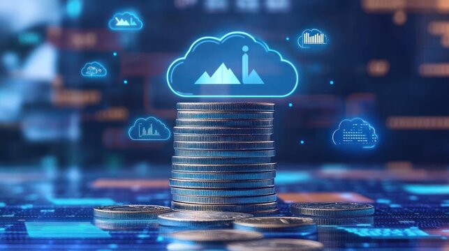 A stack of coins with a cloud computing icon above it against a blue background.