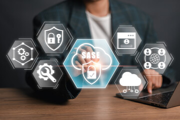 Visual representation of the Secure Access Service Edge (SASE) concept featuring digital security icons and cloud computing interface.