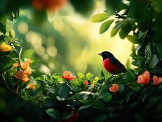 A colorful bird perched among vibrant flowers in a lush green setting.