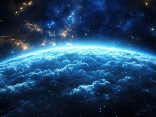 A stunning view of Earth from space, showcasing vibrant blue clouds against a cosmic backdrop.