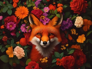 Fototapeta premium A vibrant fox surrounded by a colorful array of flowers, showcasing nature's beauty.