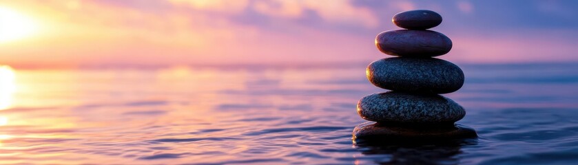 Balanced stones on water during a sunset, creating a serene and peaceful atmosphere.