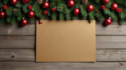 Obraz premium Greeting card christmas mockup with fir tree branches on dark wooden background