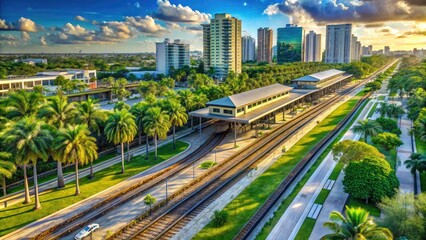 Fototapeta premium Scenic View of Golden Glades Tri-Rail Station Surrounded by Lush Greenery and Urban Landscape