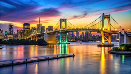 Obraz premium Scenic view of Tokyo Bay with illuminated Rainbow Bridge at dusk showcasing urban beauty and tranquility