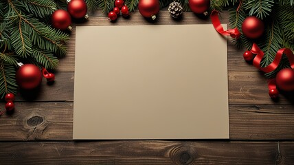 Greeting card christmas mockup with fir tree branches on dark wooden background