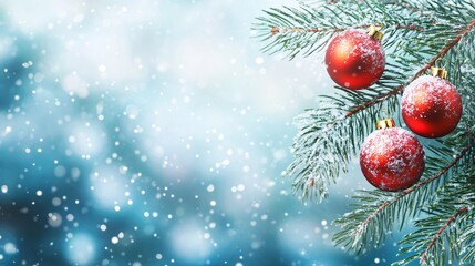 Obraz premium Red Christmas Ornaments on a Snowy Pine Branch