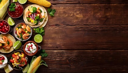 A vibrant summer spread featuring shrimp tacos, corn, and fresh ingredients on a rustic wooden table. Generative AI