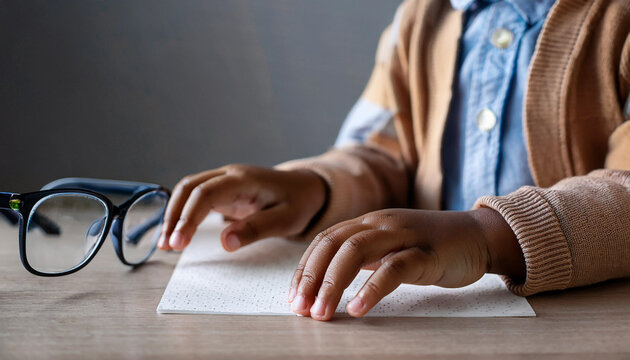 World braille day concept with blind person reading braille text touching the relief on book with finger
