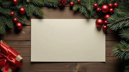 Greeting card christmas mockup with fir tree branches on dark wooden background