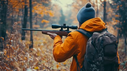 A hunter in an orange jacket aims a rifle in a colorful autumn forest during the early morning hours