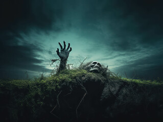 Sinister Zombie Hand Emerging from Mossy Ground