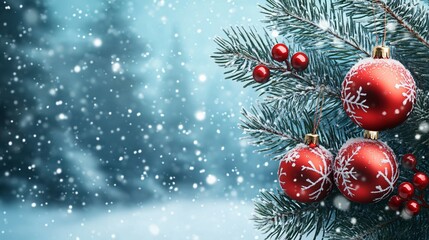 Red Christmas Ornaments on a Snowy Evergreen Branch