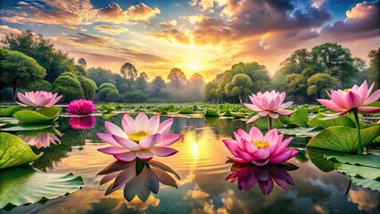 Fototapeta premium Serene Lotus Garden Wallpaper with Vibrant Blooms and Tranquil Reflections in a Peaceful Setting