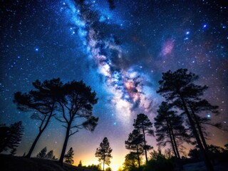 Fototapeta premium Serene Night Sky with Silhouetted Trees Under a Starry Canopy in a Calm Natural Setting