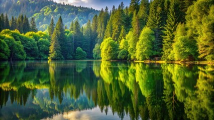 Serene Reflection of Lush Forest Trees in a Calm Lake Surrounded by Nature's Tranquility