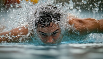 A swimmer's face emerges from the water with a splash.