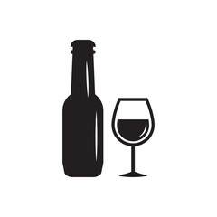 Wine bottle and glass silhouette. Bar Icon Design. Alcohol symbol. Vector illustration. Isolated On White Background.