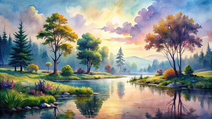 Obraz premium Serene Watercolor Abstract Landscape with Soft Hues and Gentle Brushstrokes Capturing Nature's Beauty