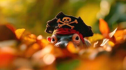 A playful frog wearing a pirate hat, surrounded by colorful autumn leaves.