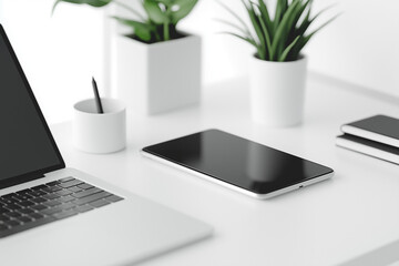 Fototapeta premium Office desk working space with laptop, smartphone, plants. AI generation.