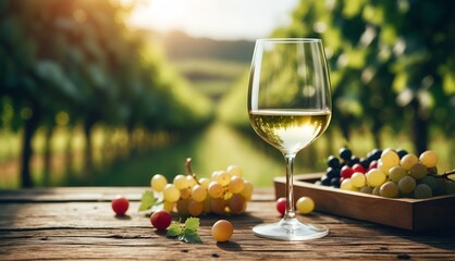 A glass of white wine is sitting on a wooden table, surrounded by green vineyards in the background.