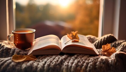 A peaceful moment with a closed book and tea on a cozy knit blanket by the window during golden hour. Generative AI