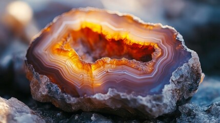 A close-up of a smooth, light brown agate gemstone with a hollow center, revealing the layered structure inside.