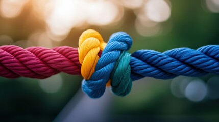 Fototapeta premium Colorful ropes intertwined in a knot against a blurred background.