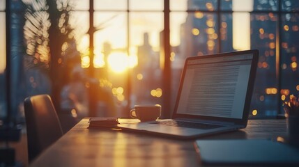 Laptop and Coffee by Window at Sunrise