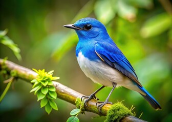 Obraz premium Small Blue and White Bird Perched on a Branch in Natural Habitat Surrounded by Lush Greenery