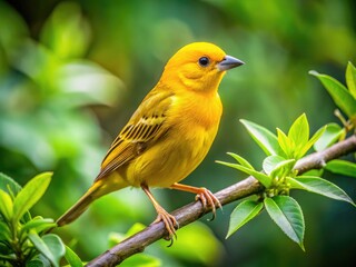 Obraz premium Small Bright Yellow Bird Perched on a Branch in Natural Habitat Surrounded by Green Foliage