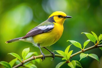 Small Yellow Bird with Black and White Wings Perched on a Branch in a Lush Green Environment