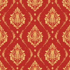 An elegant Bandhani seamless pattern with repetitive symmetrical designs in vibrant hues of red and gold