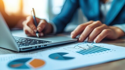 Fototapeta premium Business Analyst at Work with Charts and Laptop