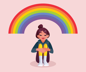 Happy Teen Girl Sitting Under a Rainbow Vector Cartoon Illustration. Gen z teenager feeling comfortable with her ow identity and uniqueness
