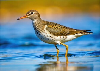 Obraz premium Spotted Sandpiper Bird Wading Along the Shoreline in Natural Habitat Under Clear Blue Sky