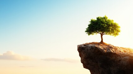 Lonely tree on a rocky cliff against a clear blue sky, symbolizing resilience and solitude.
