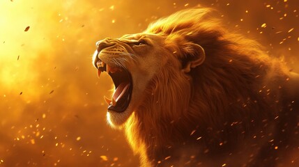 Fototapeta premium Majestic lion roaring amidst a dramatic golden backdrop.