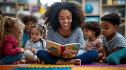 A teacher reads a story to a group of young children in a classroom setting.