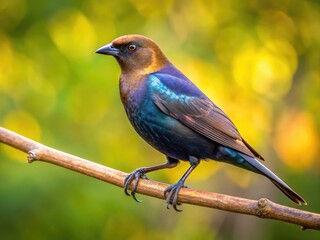 Striking Cowbird Perched on a Branch Against a Beautiful Natural Background in Soft Light