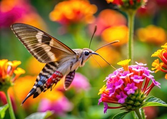 Obraz premium Striking Striped Hummingbird Moth Feeding on Flowers in a Colorful Garden Setting in Natural Light