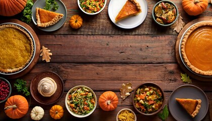 A lovely aerial view of a harvest feast with pot pie, soups, and autumn desserts on a rustic wooden table