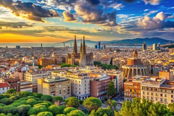 Obraz premium Stunning Aerial Perspective of Barcelona's Vibrant Cityscape with Iconic Architecture and Landmarks