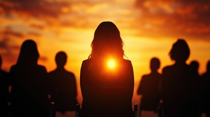 Fototapeta premium Silhouette of people against a vibrant sunset, evoking reflection and contemplation.
