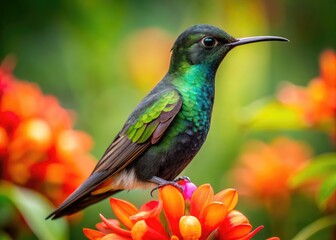 Fototapeta premium Stunning Black Bellied Hummingbird Perched on a Vibrant Flower in a Tropical Garden Setting