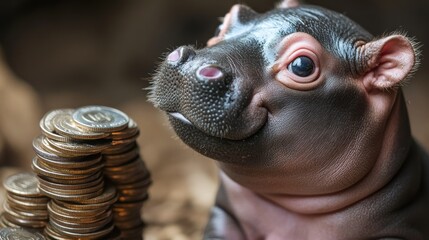 A young hippopotamus appears to be eyeing stacks of coins, humorously suggesting a notion of financial interest or savings from the perspective of wildlife.