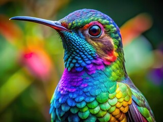 Fototapeta premium Stunning Close-Up of a Hummingbird in Vibrant Colors with Detailed Feathers and Sharp Focus