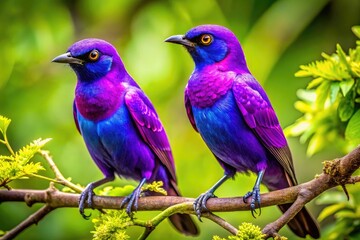 Obraz premium Stunning Close-Up of Beautiful Purple Birds Perched on Branches in a Lush Green Environment
